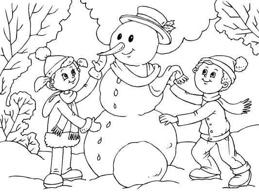 Kids Building a Snowman Coloring Page