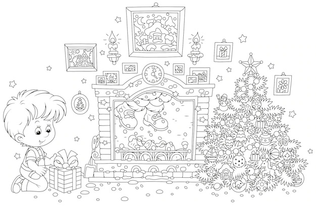 Kids near the Fireplace and Christmas Tree Coloring Page