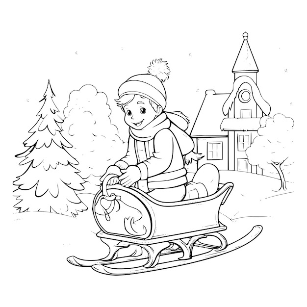 Little Boy Riding a Sledge Coloring Page