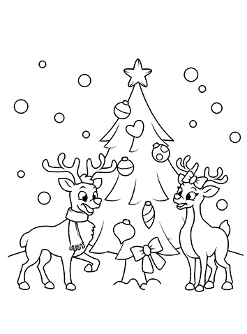 Reindeers near the Christmas Tree Coloring Page
