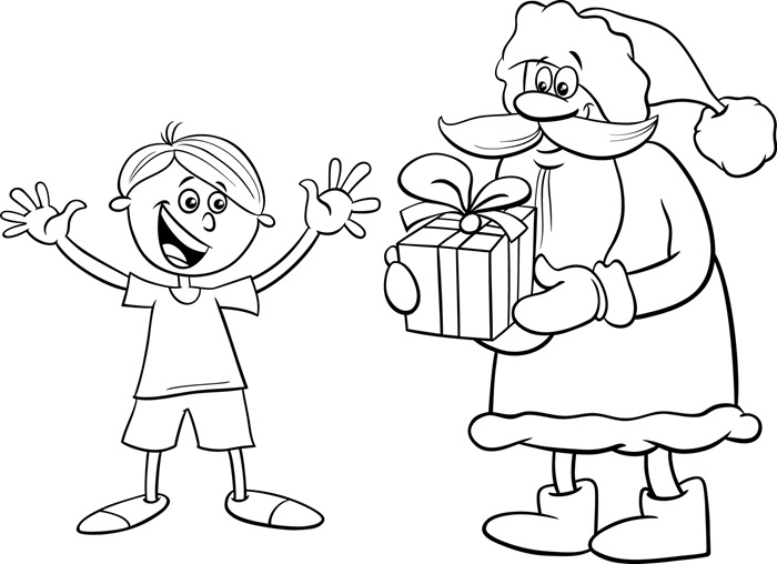 Santa Gives a Gift to a Boy Coloring Page