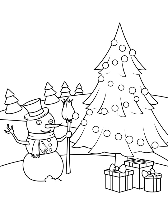 Snowman, Christmas Tree and Presents Coloring Page