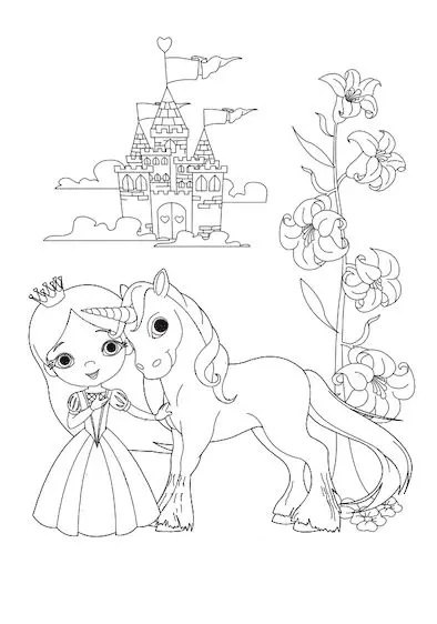 Unicorn and Princess Coloring Pages
