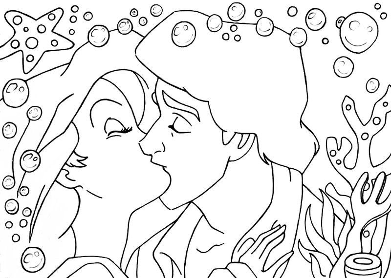 coloring pages ariel and eric kiss in water