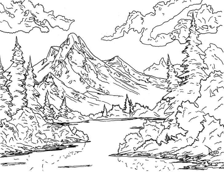 coloring pages natural water grass and trees around it