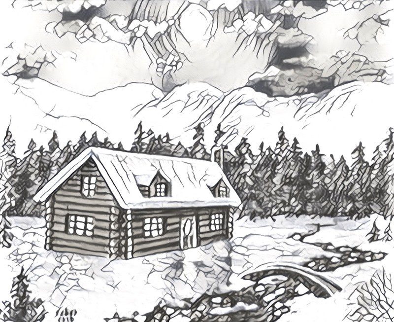 coloring pages of cabin overlooking water with mountains in it