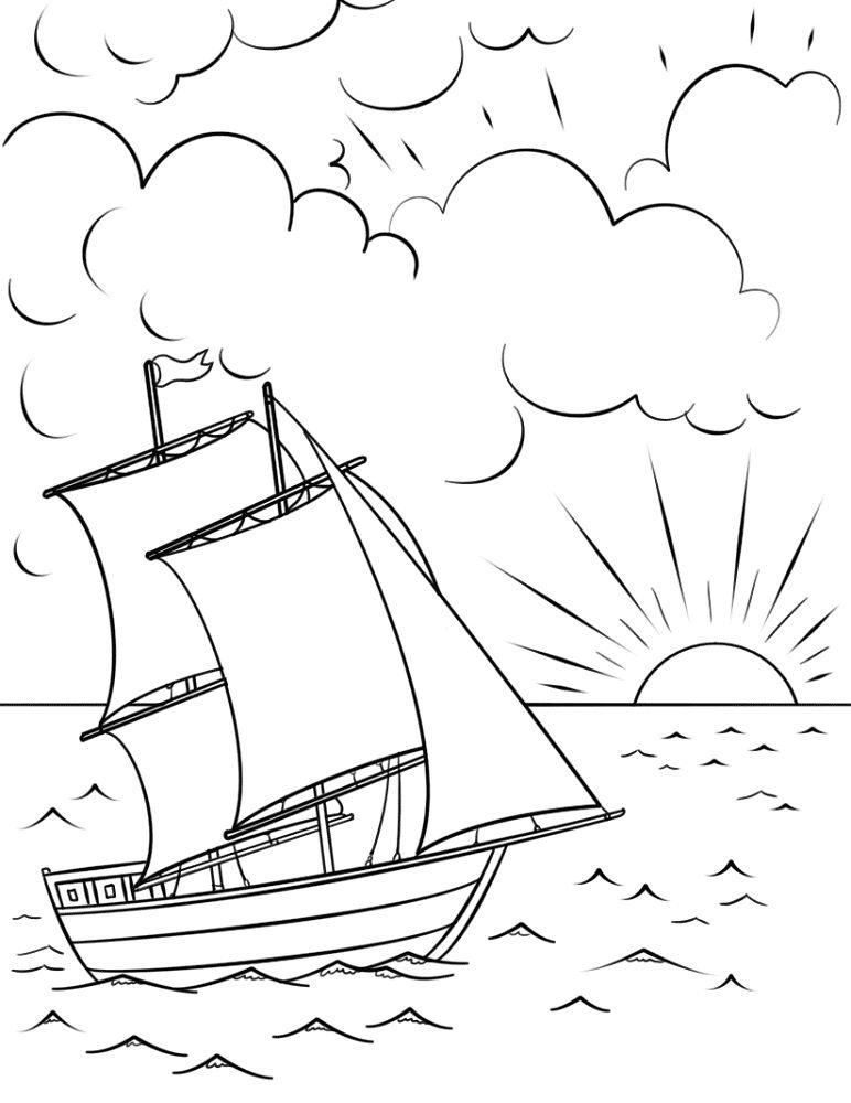 coloring pages of sunsets with boat in water
