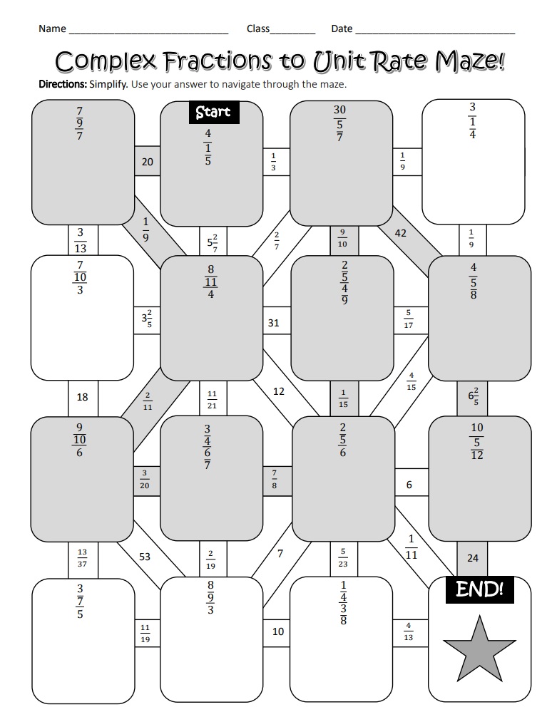 Complex Fractions to Unit Rate Maze and Complex Fractions Unit Rate Coloring Page Answer Key