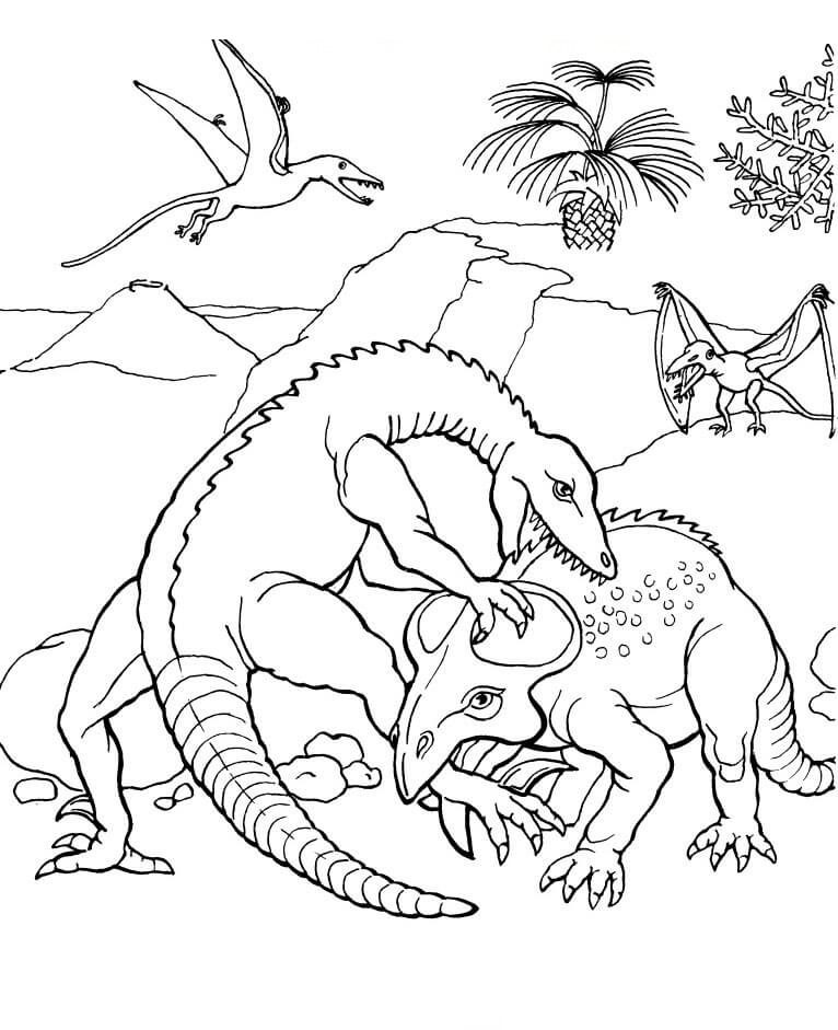 dinosaur fighting coloring pages