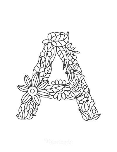 flower letter A coloring pages for adults