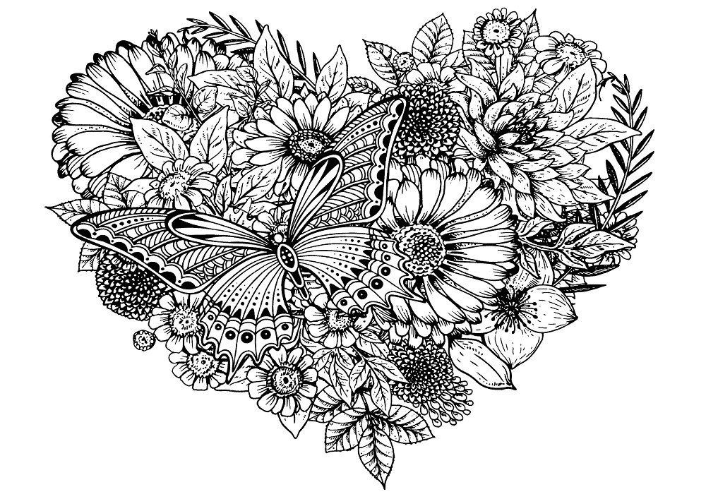 heart flower butterfly coloring pages
