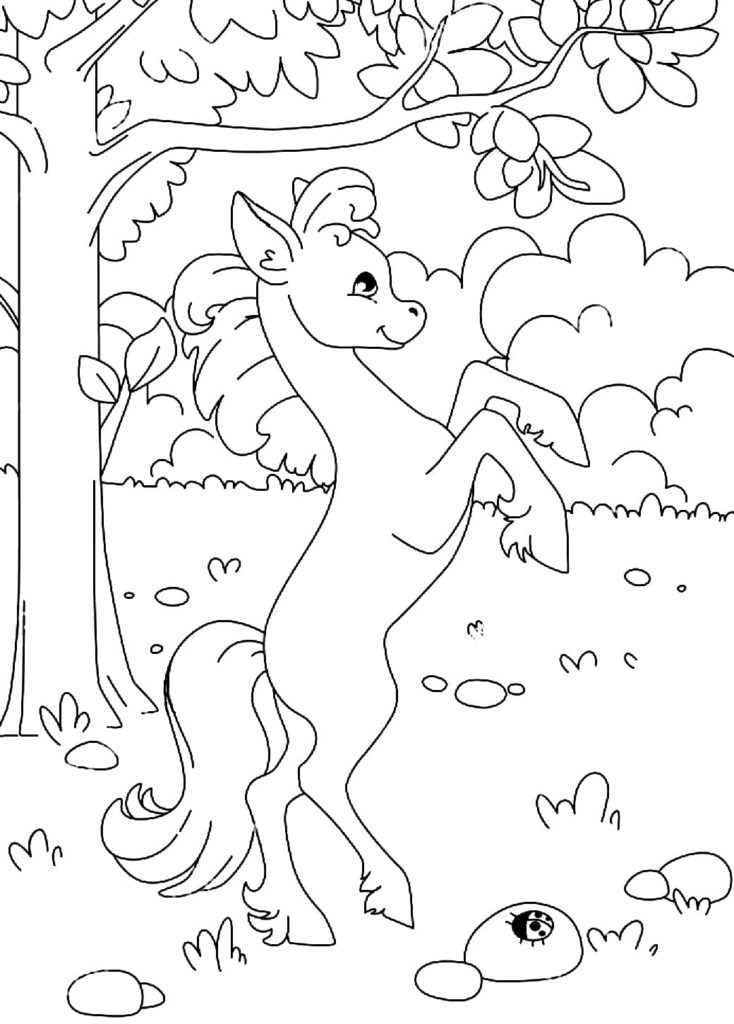 horse beside tree coloring pages