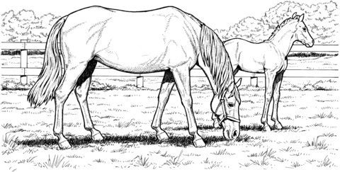 horse in stall with foal coloring pages