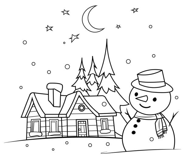 Vector Coloring Book, winter night with a snowman