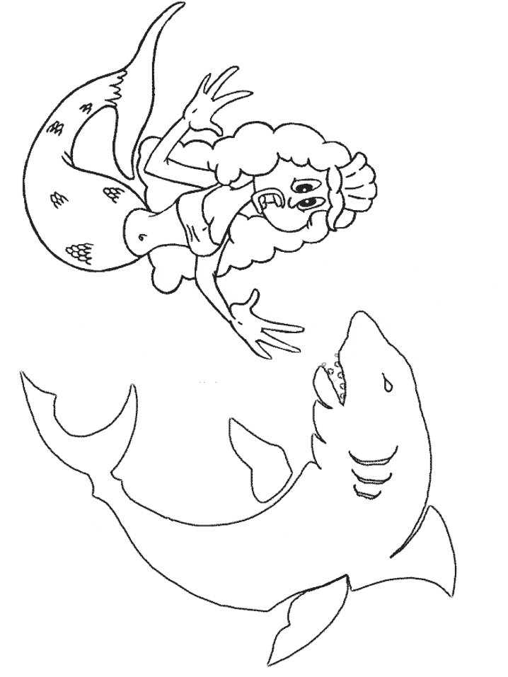 Mermaid and shark coloring page
