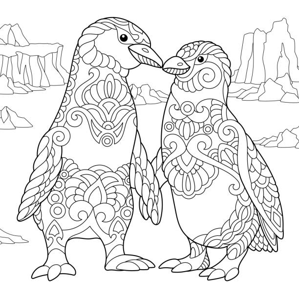 Emperor penguins couple in love. Freehand sketch for adult coloring book page.