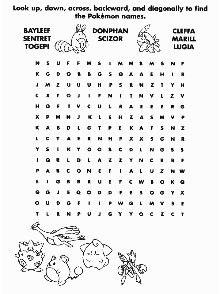 Pokemon Crossword Puzzle Coloring Pages Free