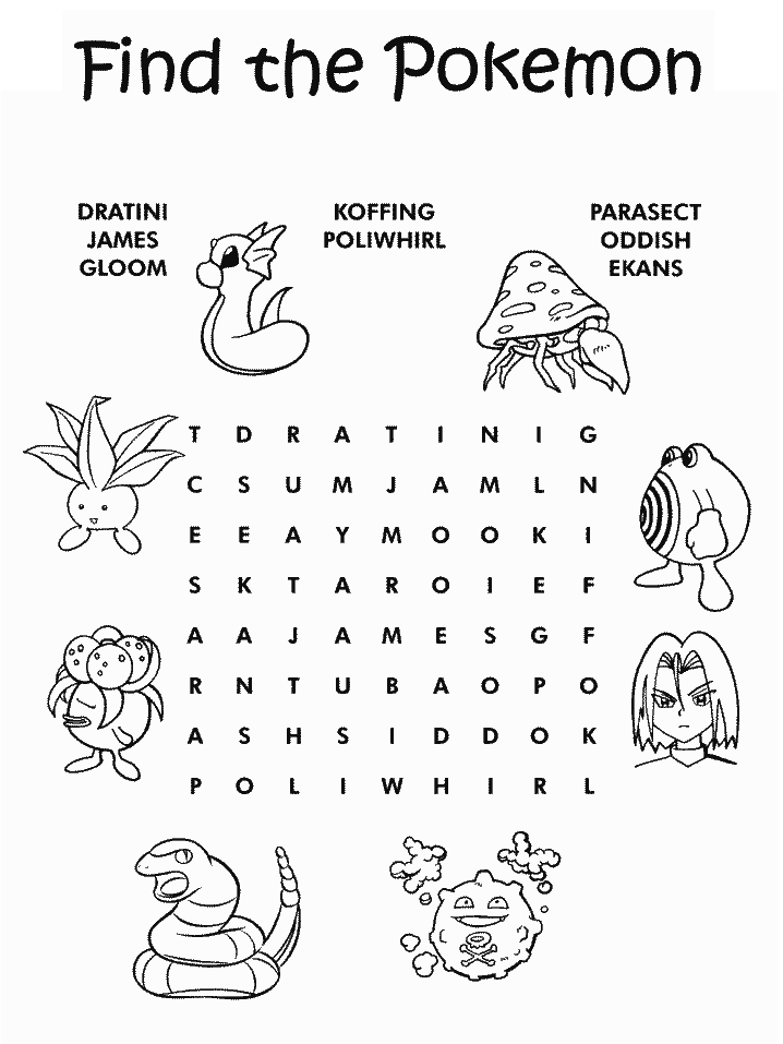 Free Pokemon Crossword Puzzle Coloring Page