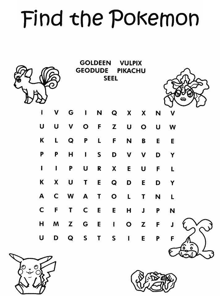 Free Pokemon Crossword Puzzle Color Pages