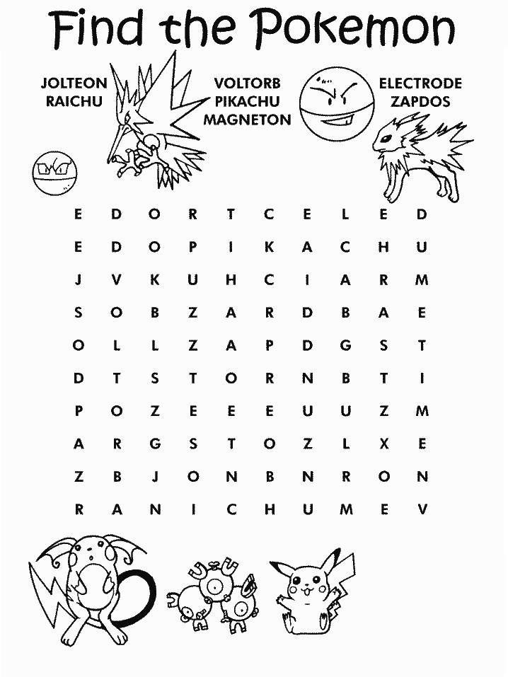 Printable Pokemon Crossword Puzzle Color Pages