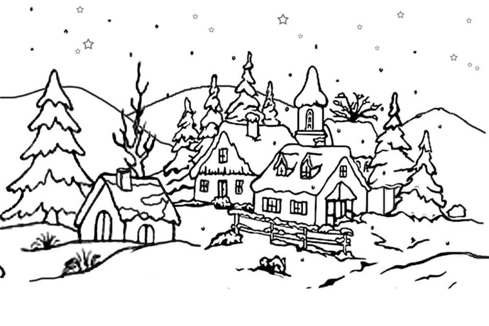 preschool winter trees and houses coloring pages