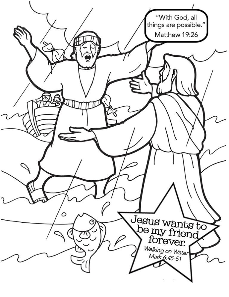 Printable Bible Story Coloring Pages Peter Walks on Water & book for kids.