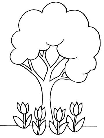 Spring Tree and Tulip Coloring Pages