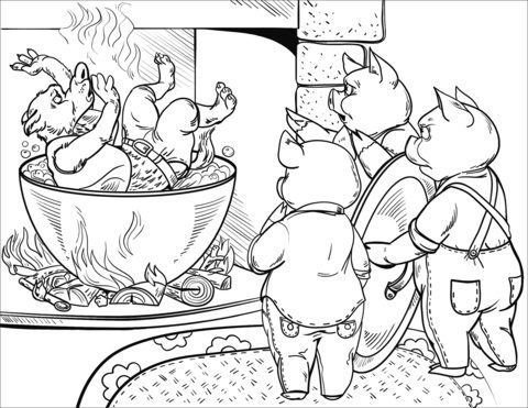 three little pigs wolf in the pot of boiling water coloring pages
