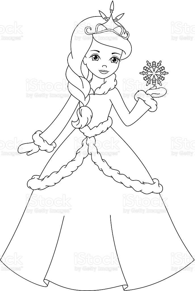 Beautiful Winter Princess holds on a snowflake, coloring page